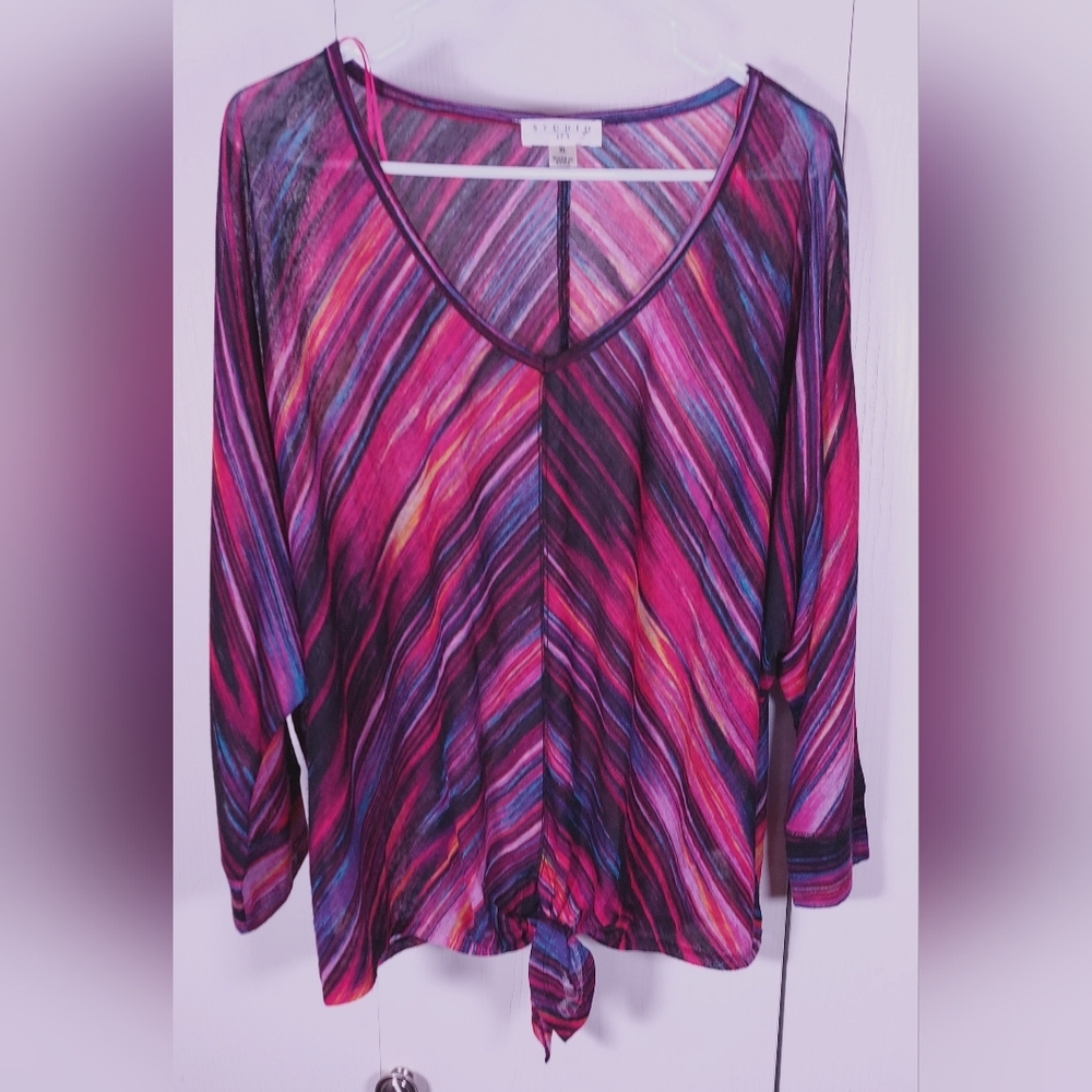 Studio JPR Colorful Striped Top Size XL Front Tie Retro Blouse Office Retro Boho - Picture 9 of 9